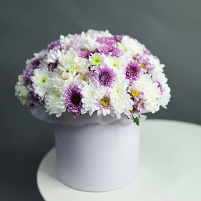 Композиция в шляпной коробке из хризантем и диантусов в Королеве