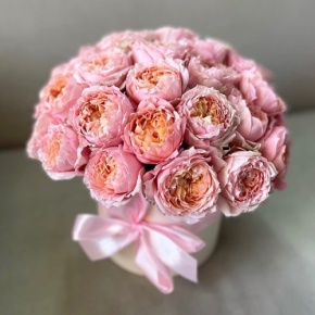 Композиция в шляпной коробке из кустовой пионовидной розы Джульетта в Королеве