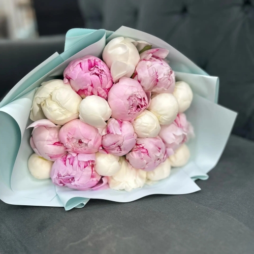 Микс из 19 бело-розовых пионов в Королеве
