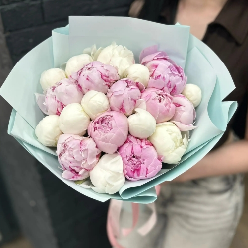 Микс из 19 бело-розовых пионов в Королеве